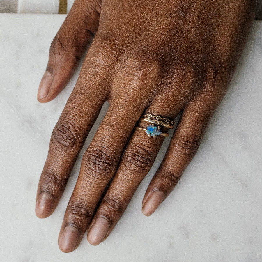 Opal Ring fiery blue boulder opal set in 14kt yellow gold