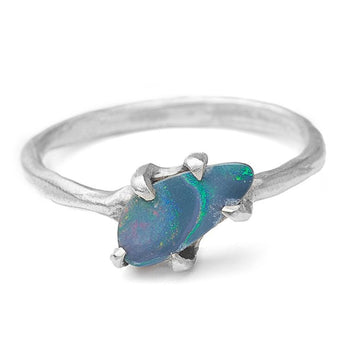 Free form boulder opal ring set in 14kt recycled white gold 
