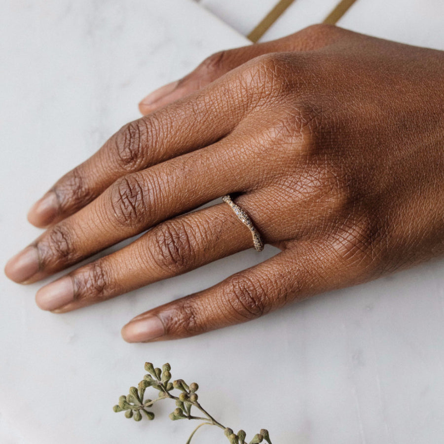 organic wedding band, alternative wedding band, gold diamond ring, grey diamond ring handmade in Brooklyn NY using recycled gold and reclaimed diamonds