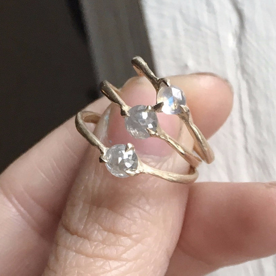Rose Cut white diamond or moonstone ring set in handmade prong setting.  Sustainable and affordable engagment rings made in Brooklyn NY using recycled gold and reclaimed diamonds. Alternative bridal 