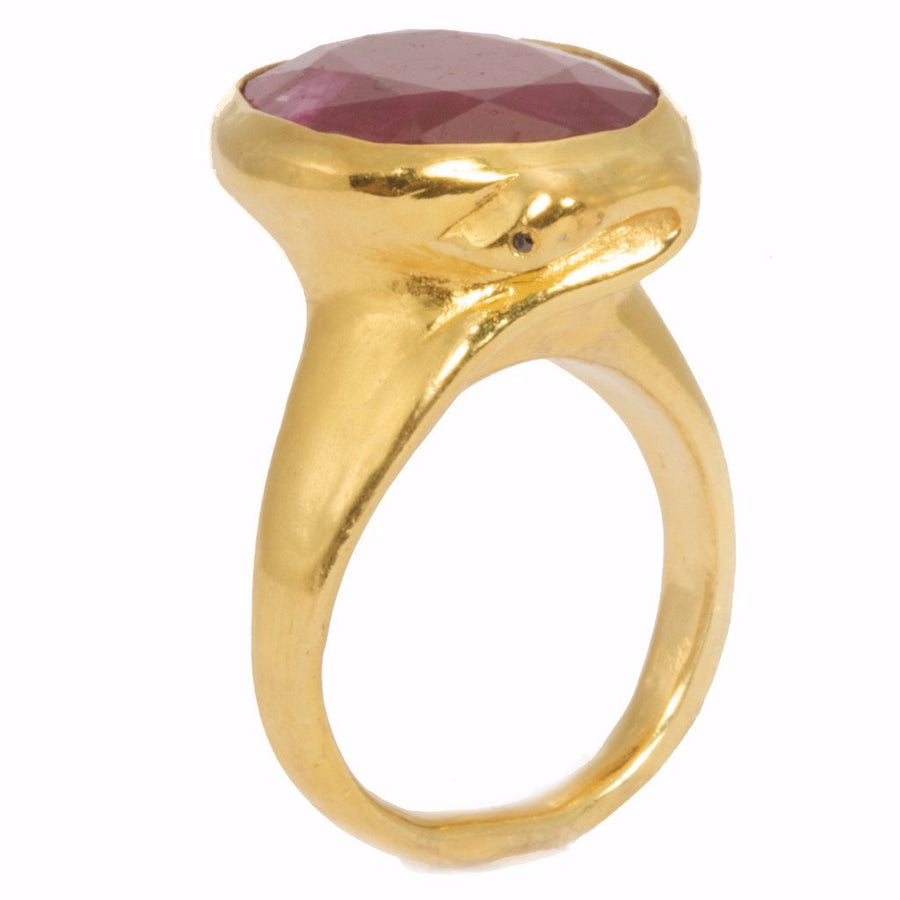 14kt Gold Ruby statement snake ring with black diamond detail- featured in Vogue Magazine  